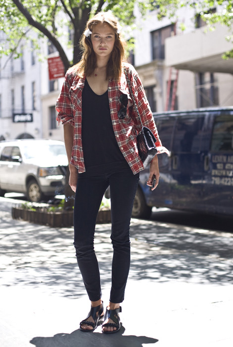 Red Plaid, Sunny Day, NYC